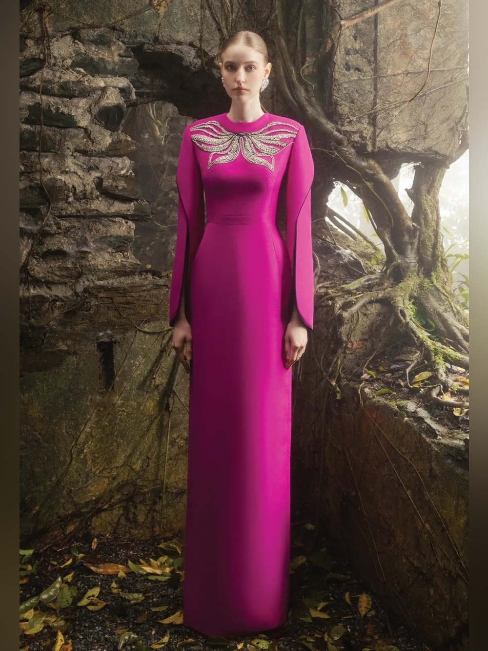 NWOT TRACY Studio Pink Stylized Flared Sleeves Straight Maxi Dress Gown Sz L